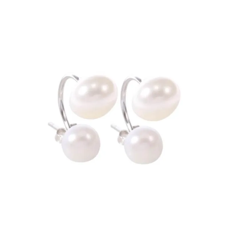 Boucles D'oreilles Créoles En Argent 925 Avec Perles D'eau Douce Grises 7mm - Neuves