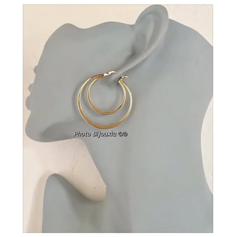 Boucles D'oreilles Créoles Double Anneaux En Plaqué Or 18 Carats - Neuf Avec étiquettes