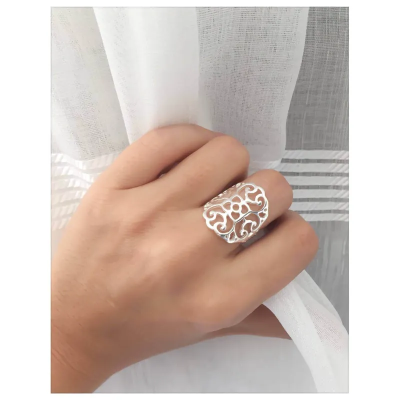 Bague Large Filigrane Argent 925 - Motif Ajouré Volutes Rétro - Hypoallergénique, Bijou Statement Femme - 2