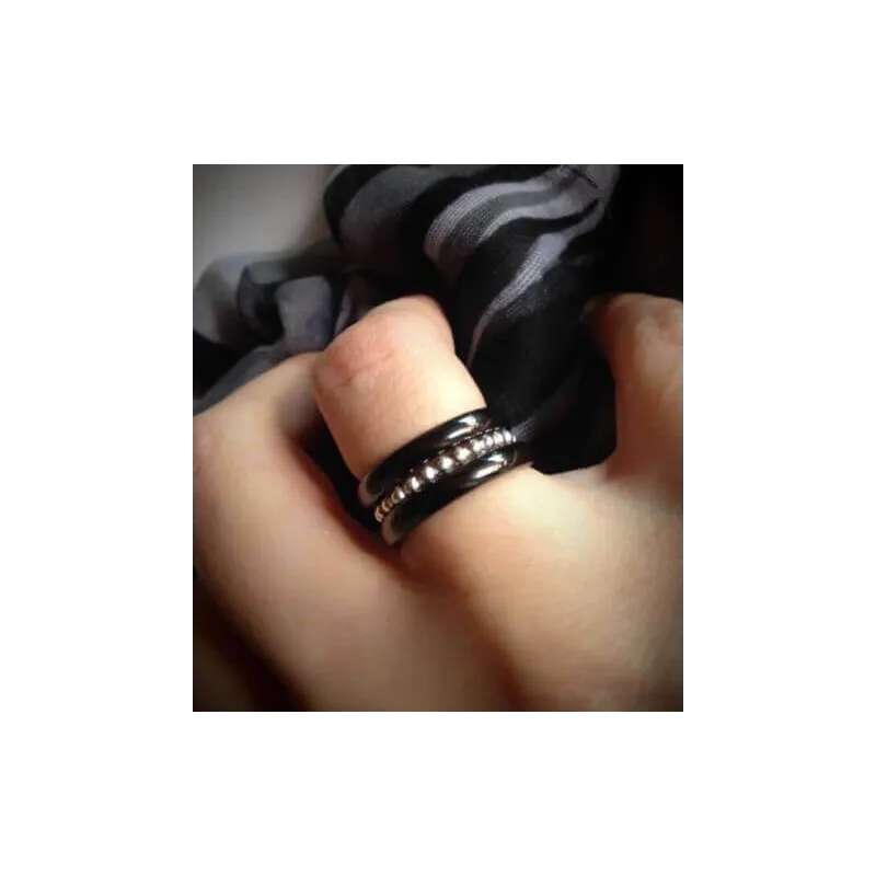Bague Triple Rang En Argent Massif Et Céramique – Avec Strass, Taille 59/60