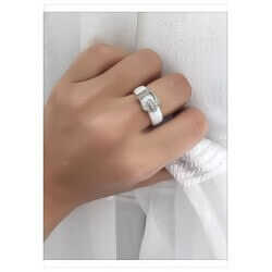 Bague Céramique Boucle de Ceinture Blanc T52  Cristaux Zirconium  Bijoux Femme