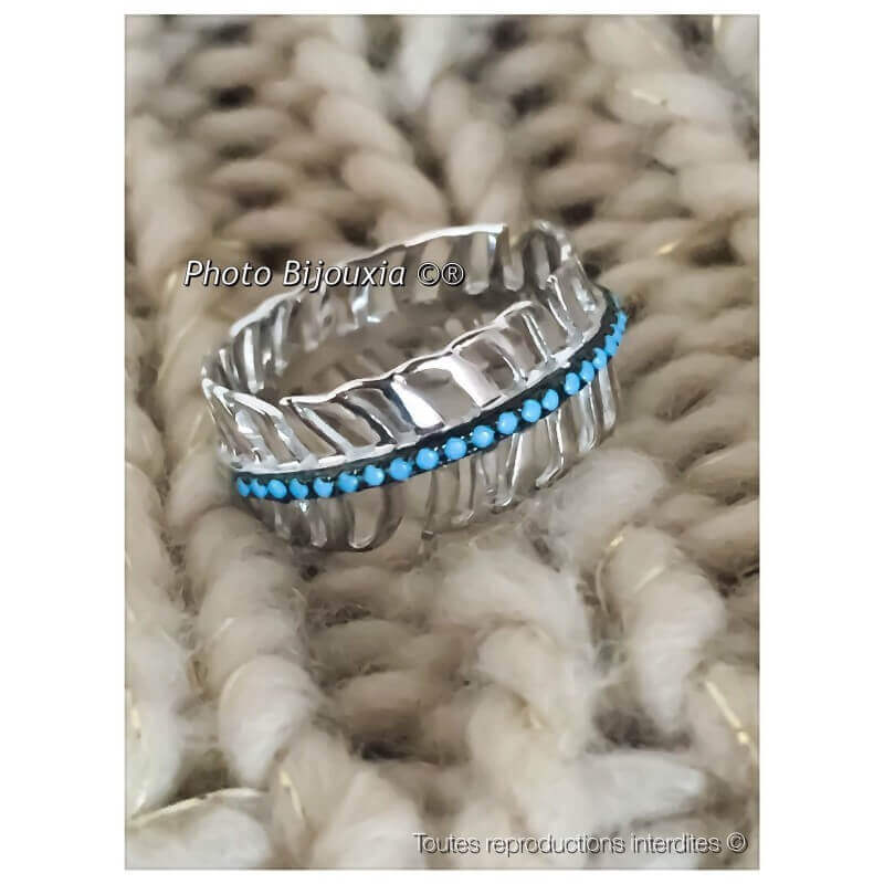 Bague Feuille Turquoise Empierrée Argent Massif 925/1000 Bijoux T50-52-54-56-58