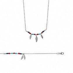 Collier avec plumes et pierres de couleur Argent massif 925/1000 Bijoux femme
