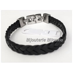 Bracelet CUIR Tressé et Acier Inoxydable 316L - 21 CM - Bijoux MIXTE- NEUF 