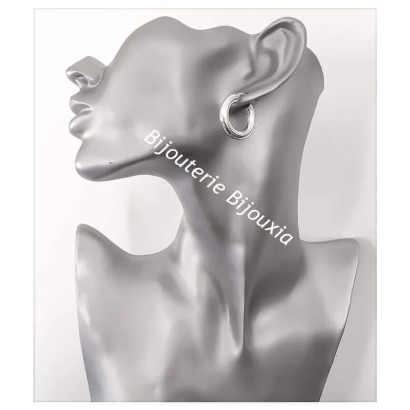 Boucles D'oreilles Créoles En Argent Massif 925, Contour Strié, Rhodié, 4 Cm - Bijoux élégants Et Intemporels