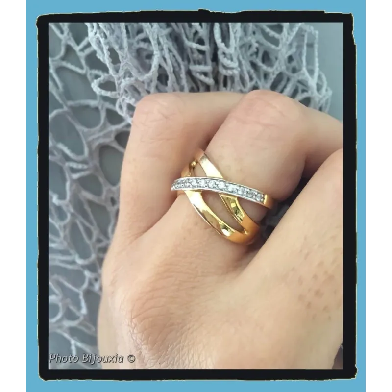 Bague Jonc Bombé Bicolore Plaqué Or 18K - Zirconium, Tailles 48 à 68 Au Choix