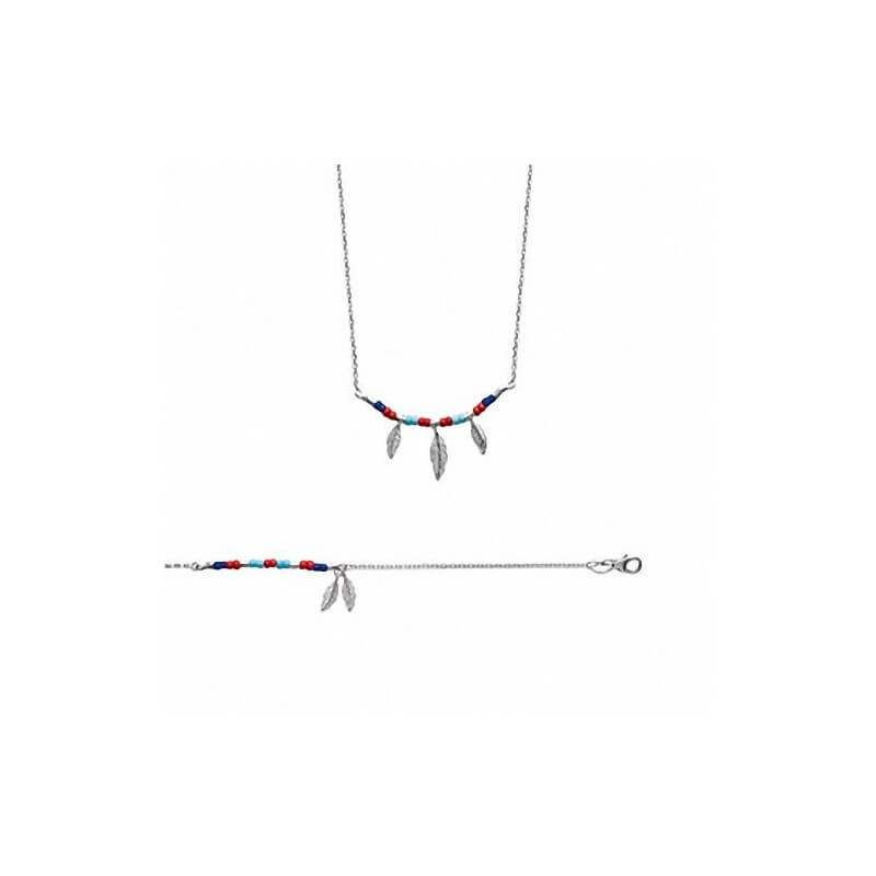 Collier avec plumes et pierres de couleur Argent massif 925/1000 Bijoux femme