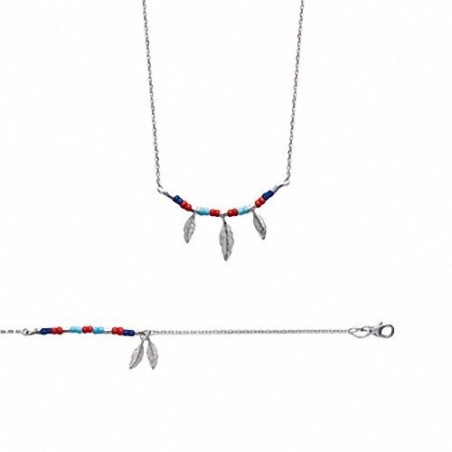 Collier avec plumes et pierres de couleur Argent massif 925/1000 Bijoux femme