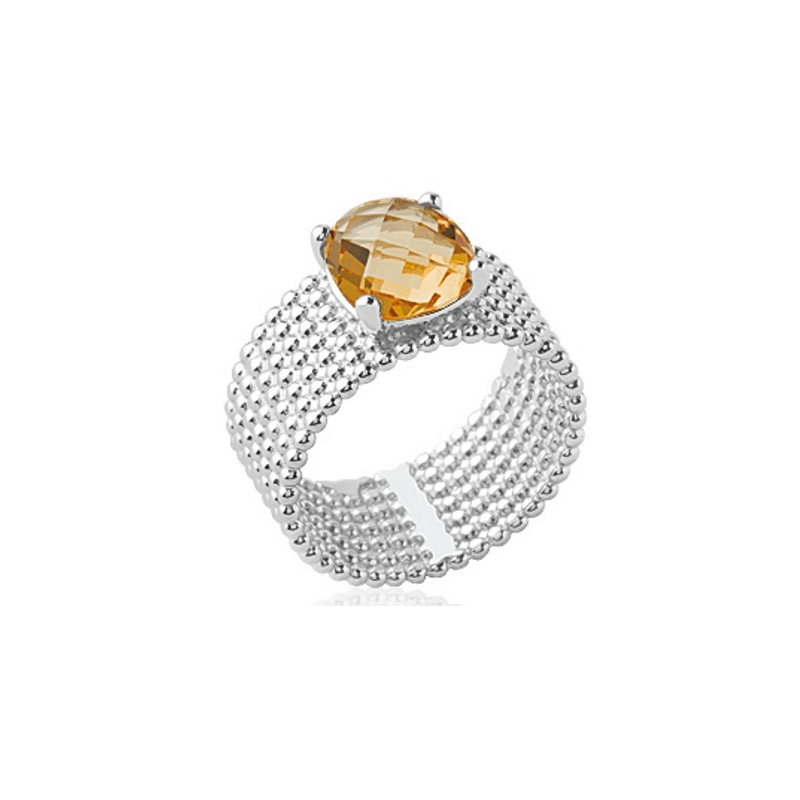Bague Large Pierre Cristal Citrine Argent Massif 925/1000 Rhodié