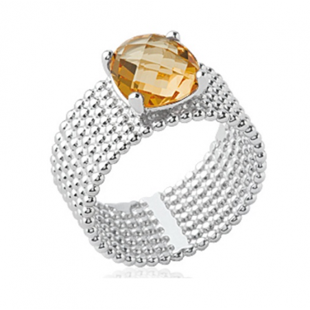 Bague Large Pierre Cristal Citrine Argent Massif 925/1000 Rhodié