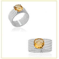Bague Large Pierre Cristal Citrine Argent Massif 925/1000 Rhodié