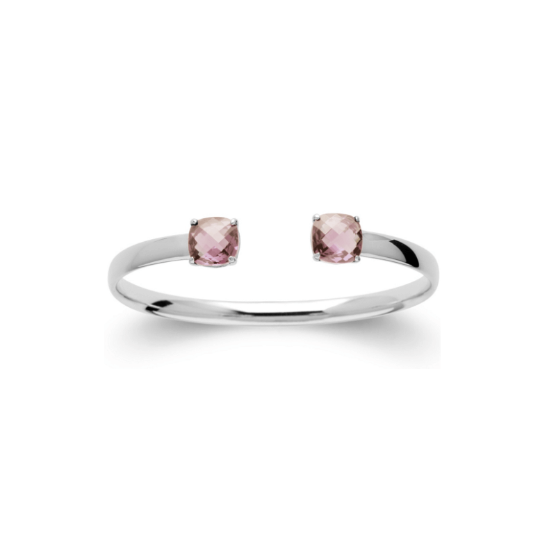 Bracelet Jonc Ouvert Pierre Couleur Rose Argent Massif 925/1000 Rhodié