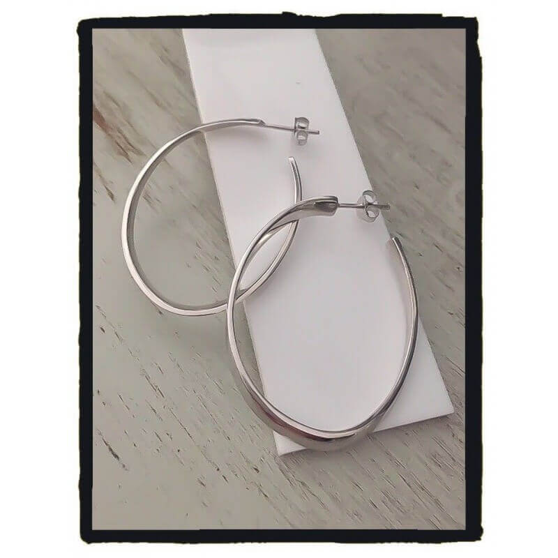 Boucles D'oreilles Créoles Ovales Ouvertes Argent Massif 925/1000 Rhodié