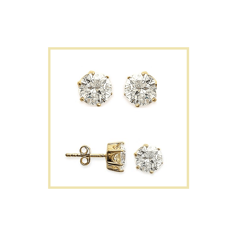 Boucles D'oreilles 8MM Puces Gros Cristal CZ Rond Plaqué Or 18Carats Homme/Femme