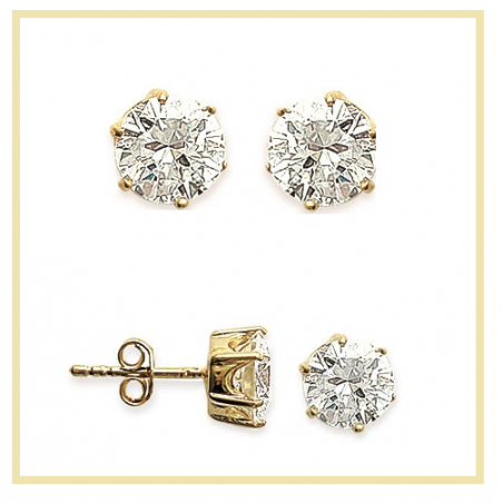 Boucles D'oreilles 8MM Puces Gros Cristal CZ Rond Plaqué Or 18Carats Homme/Femme