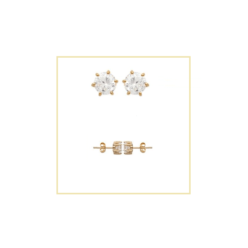 Boucles D'oreilles 6MM Puces Cristal Zirconium Rond Plaqué Or 18 carats 750/1000