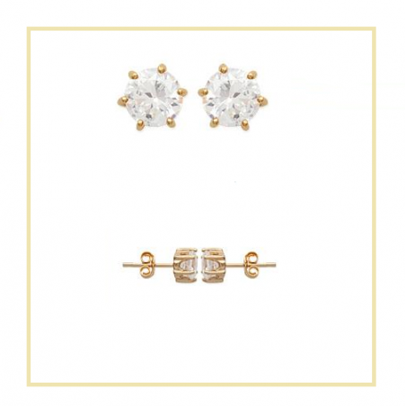 Boucles D'oreilles 6MM Puces Cristal Zirconium Rond Plaqué Or 18 carats 750/1000