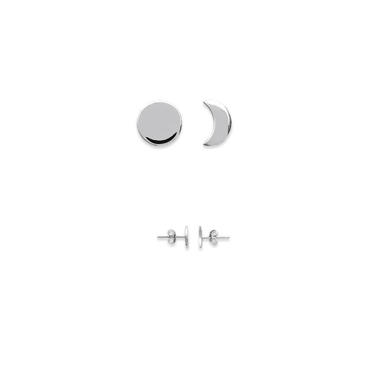 Boucles D'oreilles Puces Astre & Lune Argent Massif 925/1000 Rhodié