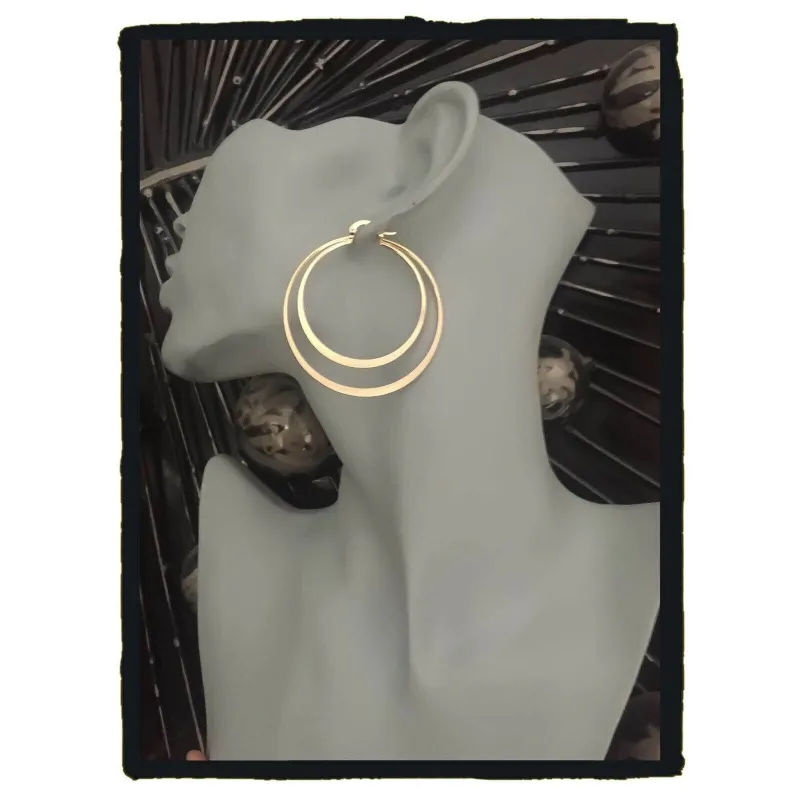 Boucles D'oreilles Créoles Doubles Anneaux 5cm - Plaqué Or 18 Carats - Marque Bijouxia