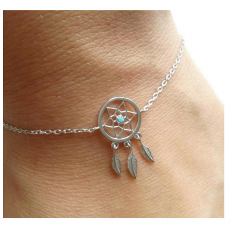 Chaîne de Cheville Attrape Rêve Pierre Turquoise Argent Massif 925/1000 Rhodié