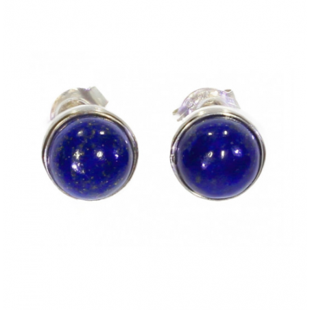 Boucles d'oreilles Puces 6MM Pierre Lapis Lazuli & Argent Massif Rhodié 925/1000