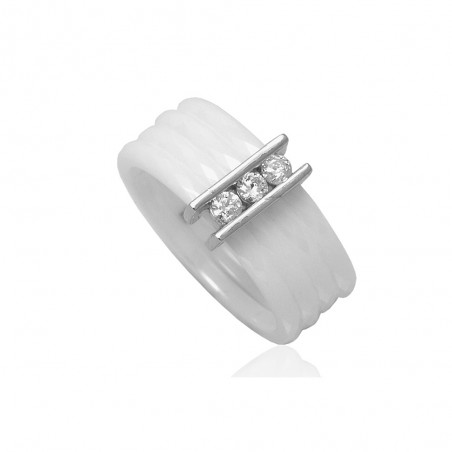Bague Céramique Blanche Et Argent Massif Cristaux Oxyde de Zirconium T.50 à 60