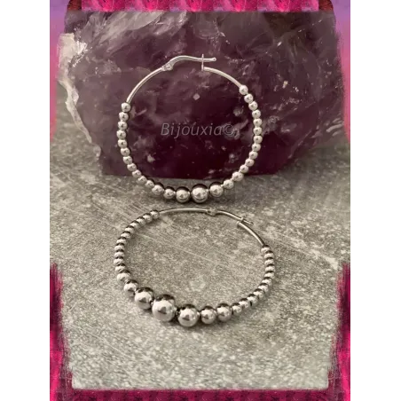 Boucles D'oreilles Créoles Contour Boules 4CM Argent Massif 925/1000