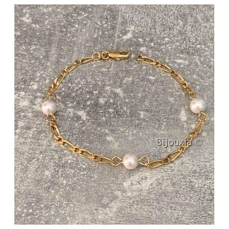 Bracelet Maille figaro alternée et Perles En Plaqué Or 18 carats