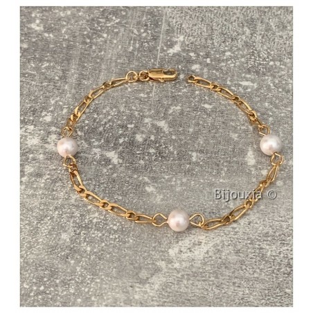 Bracelet Maille figaro alternée et Perles En Plaqué Or 18 carats