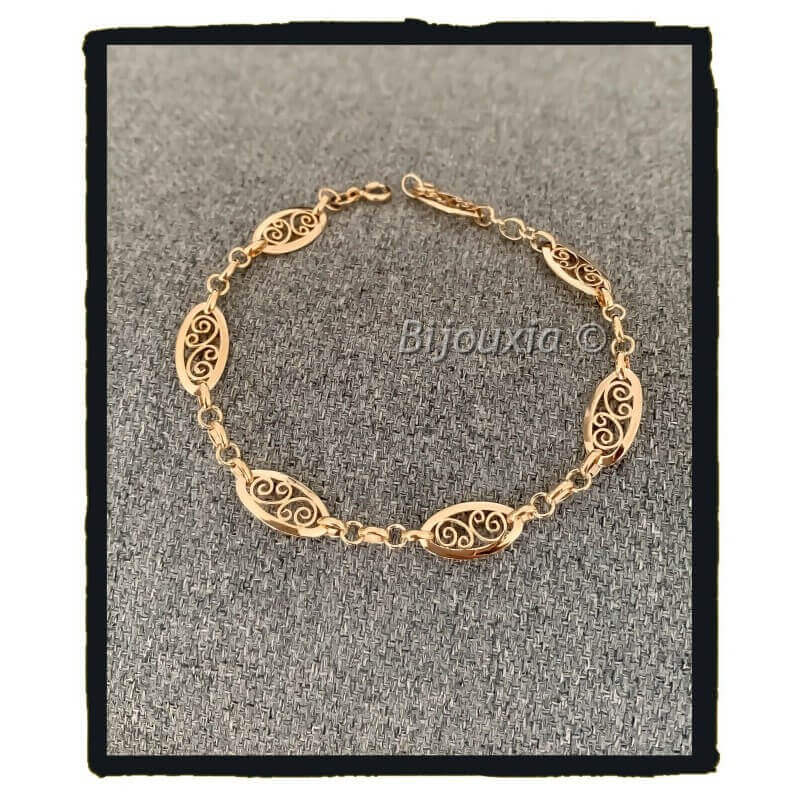 Bracelet Chaîne Plaqué Or 18 Carats - Émail Blanc Et Motifs Floraux - Agate Bleu Vert