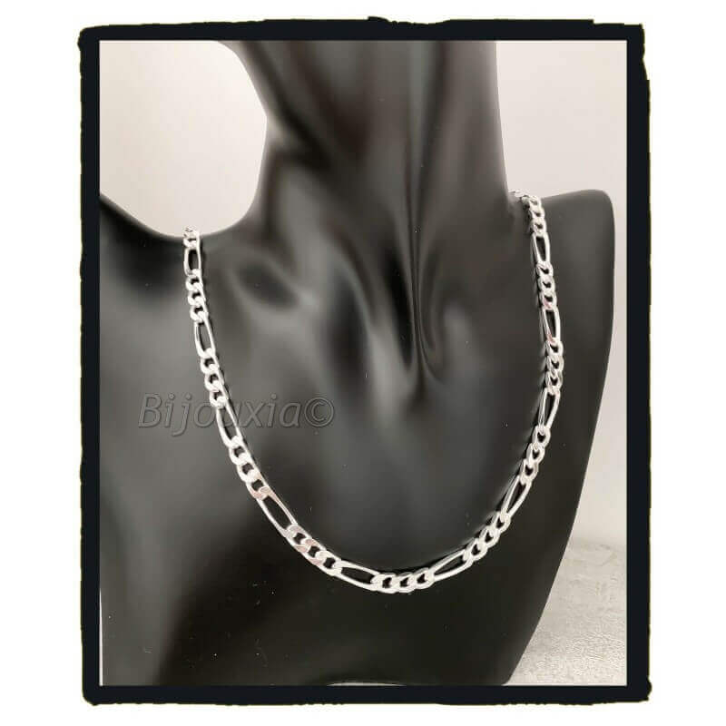 Chaîne 60cm x 4MM Figaro Diamantée Argent Massif 925/1000 Bijoux