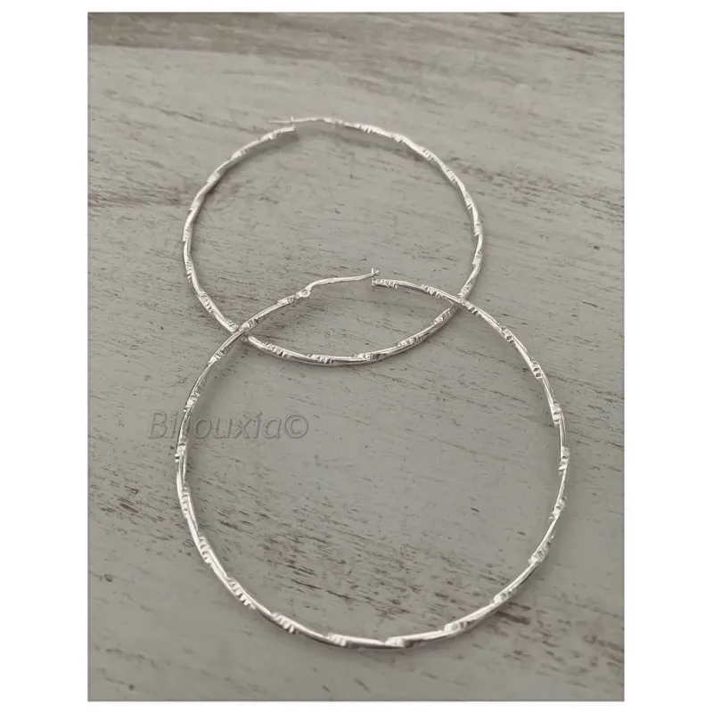 Boucles D'oreilles Créoles Striées 6 Cm - Argent Massif 925 Rhodié, Neuves Avec étiquettes