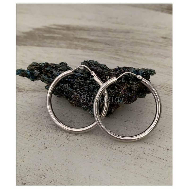 Boucles D'oreilles Créoles Tube 3,5 CM Argent Massif 925 Rhodié