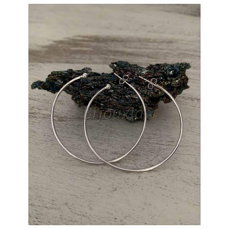 Boucles D'oreilles Créoles Ouvertes + Boule En Argent Massif 925 Rhodié