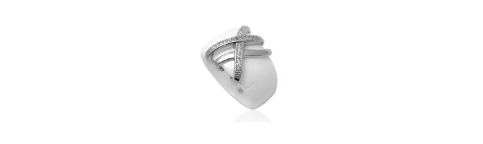 Bague Large Céramique Blanche Et Argent Empierrée Zirconium T52 à 60