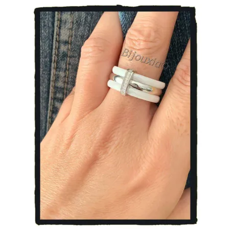 Bague Cœur En Céramique Blanche Et Argent 925 - Sertie De Pierres - Occasion