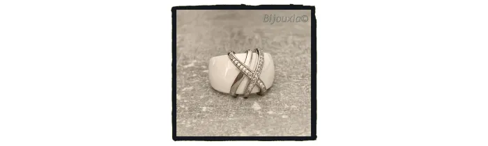 Bague Large Céramique Blanche Et Argent Empierrée Zirconium T52 à 60