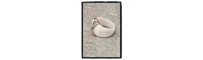 Bague Large Céramique Blanche Et Argent Empierrée Zirconium T52 à 60