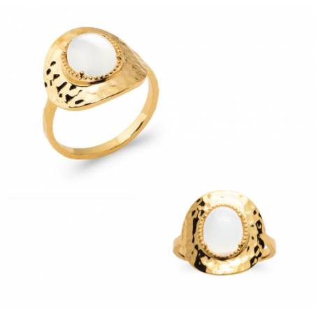 Bague Martelée Sertie Pierre de Lune En Plaqué or 18 CARATS 5 Microns T50 à T60