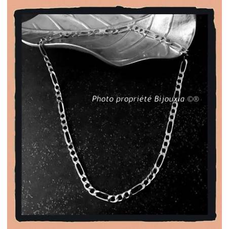 Chaîne 50CM X 5mm Maille Figaro Diamantée En Argent Massif RHODIUM