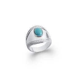 Bague Large Pierre Cabochon Turquoise Argent Massif 925/1000 Rhodié T50 à T60