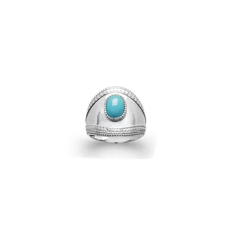 Bague Large Pierre Cabochon Turquoise Argent Massif 925/1000 Rhodié T50 à T60