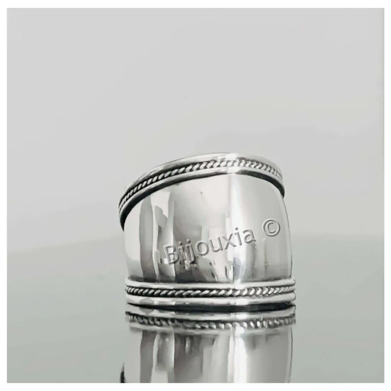 Bague Large Motifs Striés Argent Massif 925/1000 Vieilli - Bijou Mixte Élégant Taille 64