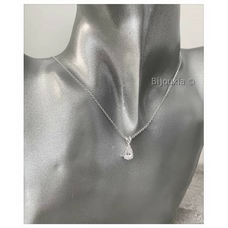 Collier Cristal Zirconium En Goutte D'eau Argent Massif 925/1000 Rhodié