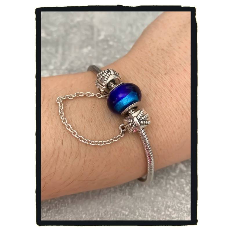 Charm / Perle Pour Bracelet - Boule Torsadée Bleue Et Noire - Argent 925 Et Verre - Neuf