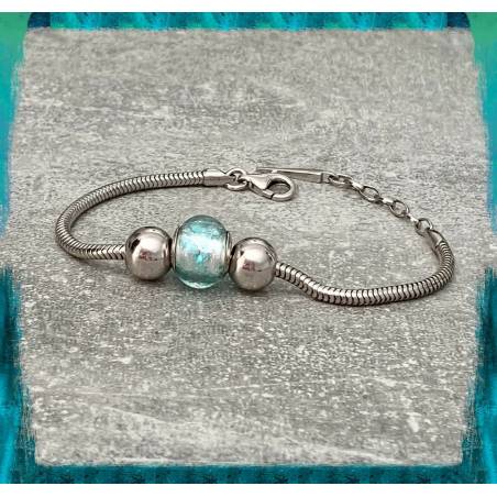 Bracelet CHARMS Perle Bleu Clair Verre de Murano & Boules Argent 925/000 Rhodié
