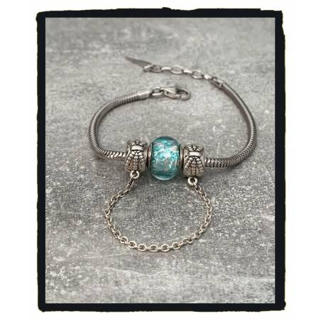Bracelet CHARMS Perle Bleu Clair Murano & Chaînette Argent 925/000 Rhodié