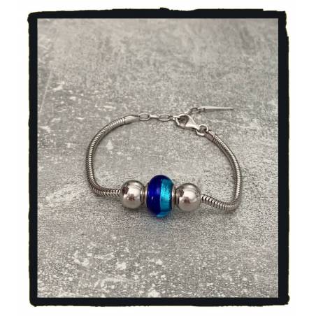 Bracelet CHARMS Perle Bleu Verre de Murano & Boules Argent 925/000 Rhodié