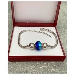 Bracelet CHARMS Perle Bleu Verre de Murano & Boules Argent 925/000 Rhodié