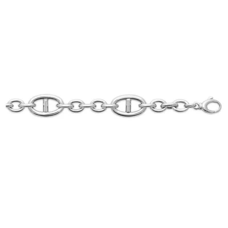 Bracelet En Argent Massif 925/1000 Maillons Ovales Scintillants - Rhodié, Neuf Avec étiquettes
